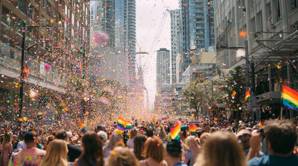 LGBT community parade filled with vibrant colors, joy, and celebration. Captures pride, diversity, and solidarity in a public event promoting love, freedom, and equality.