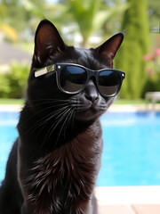 Cool Black Cat Wearing Sunglasses by the Pool