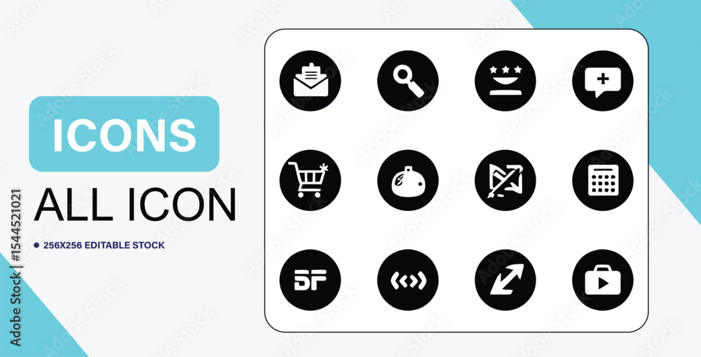 Poster collection of black and white vector icons for web and mobile applications