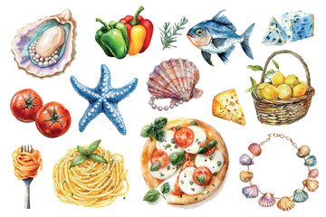 Set of Mediterranean food elements and seashells png. Watercolor Mediterranean products, fish, rosemary, pepper, pizza margherita and wine. Italian cuisine. Vector illustration.