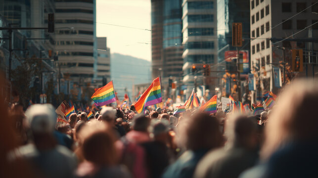 LGBT community parade filled with vibrant colors, joy, and celebration. Captures pride, diversity, and solidarity in a public event promoting love, freedom, and equality.
