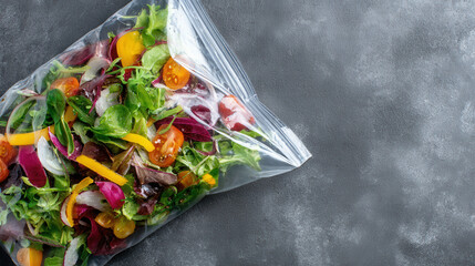Vibrant salad mix in a clear zipper bag offers a fresh and healthy touch for meals and snacks