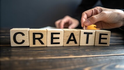 Wooden blocks spelling create on dark wood tabletop