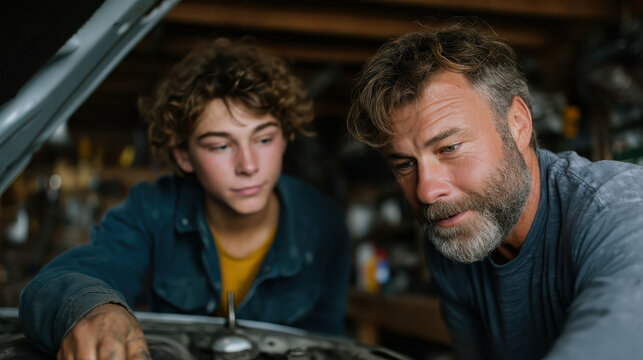 Father and son working on engine together
