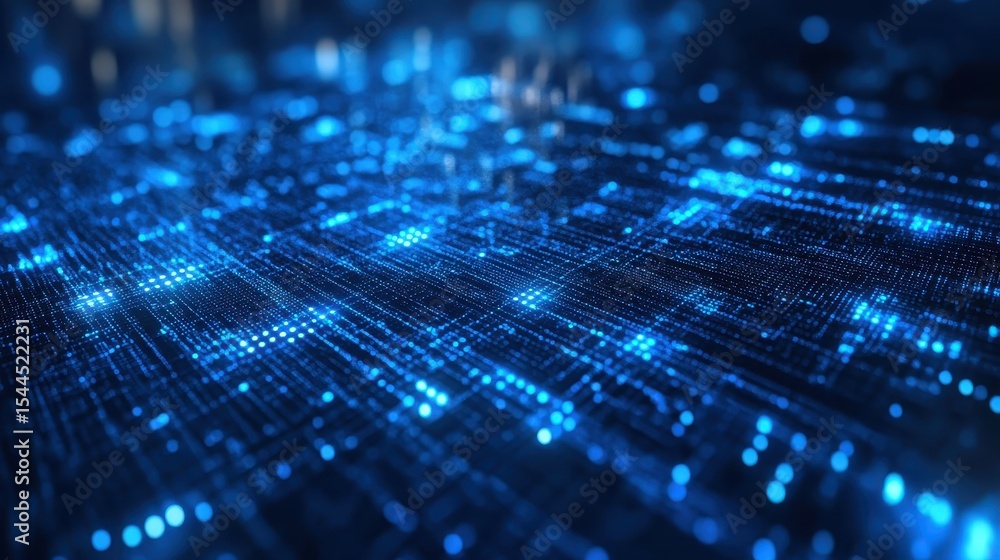 Poster blue glowing circuit board texture background with shallow depth of field. use for tech, data, cyber