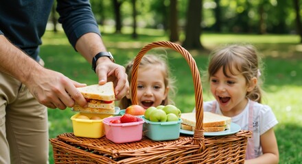 Father serving sandwiches from wicker basket to excited daughters. Colorful lunch containers with fresh fruits, green park background. Summer family picnic dining concept