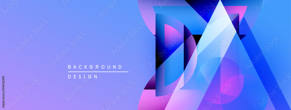 Poster abstract geometric shapes overlap, creating vibrant blue, purple gradients. modern background design