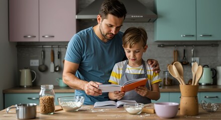 Father and son reading recipe book together in modern kitchen. Blue t-shirt, yellow striped apron, wooden utensils, glass bowls. Family cooking preparation concept