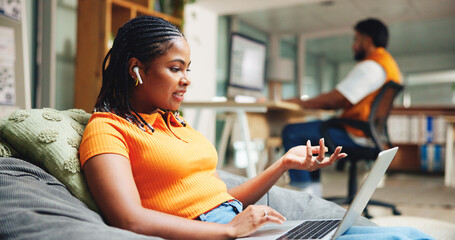 College, virtual class and girl on laptop in library for online discussion, education and...