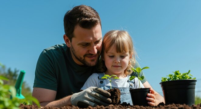 Father helping blonde daughter transplant seedling with gardening gloves. Dark green t-shirt, white overalls, blue sky background. Environmental education gardening concept