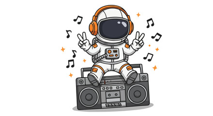 Fototapeta premium Cool Astronaut Sitting on a Boombox with Headphones and Dancing to Music