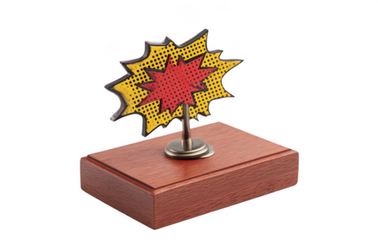Award, comic-style, pop art, yellow, red, wooden base