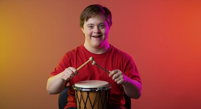 Boy with down syndrome playing drums with sticks, red shirt, colorful gradient background. Special needs child musical performance, inclusive arts concept