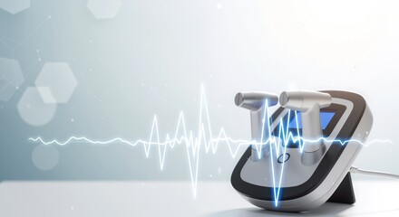 Stethoscope with blue heartbeat wave pattern, white background, medical diagnostic equipment. Healthcare technology, cardiac monitoring. Medical professional concept