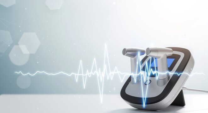 Stethoscope with blue heartbeat wave pattern, white background, medical diagnostic equipment. Healthcare technology, cardiac monitoring. Medical professional concept