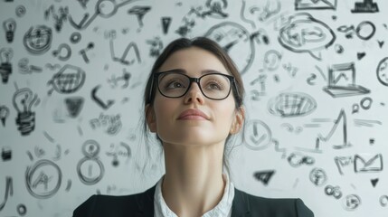 A young woman with glasses looking up, standing in front of a wall with various doodles and icons.