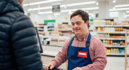Man with down syndrome working at supermarket cashier, checkered shirt, blue apron, name tag. Customer service, inclusive employment workplace. Professional retail concept