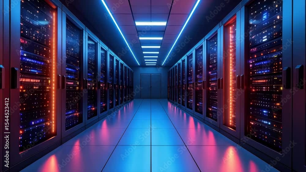 Poster server room with data center equipment featuring blinking lights and a vibrant neon color palette in