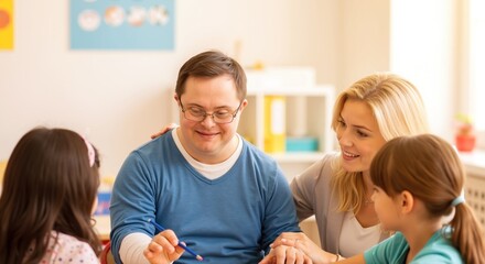 Teacher with man with down syndrome and children at classroom table, blue sweater, glasses. Blonde woman, girls learning together. Inclusive education concept