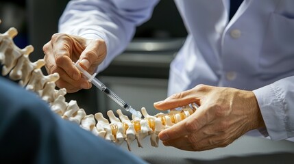 A doctor performing a spinal injection on a model of a human spine.