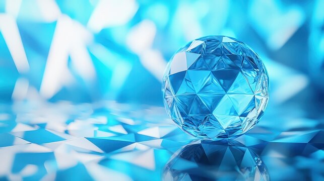 A clear, blue glass sphere with a reflective surface, placed on a geometric patterned surface with a blue and white background.