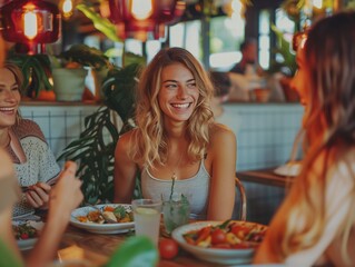 half up body shot, a group of friends, they are sitting in a vegan cafe, feasting, talking and laughing face to face, real and natural, organic interaction, cosy environment