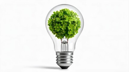 A light bulb containing vibrant green flowering plants, representing an eco-friendly energy concept, on a clean white background - Powered by Adobe