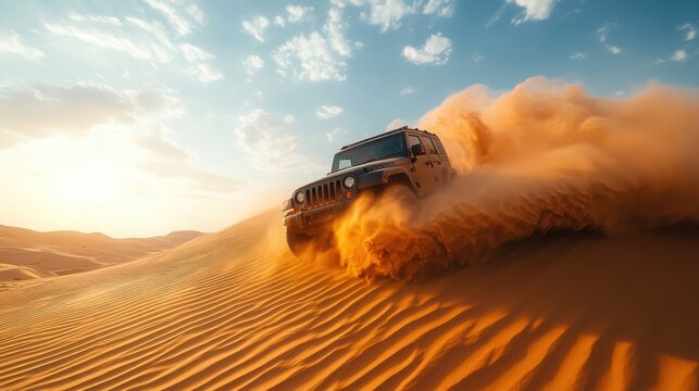 Fototapeta A rugged off-road vehicle powers through golden desert dunes, kicking up a large plume of sand under a bright blue sky with scattered clouds.