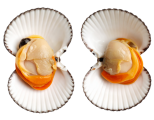 Two whole opened fresh cooked dog cockles in shell isolated on white background. Suitable for marketing or business purposes. PNG file