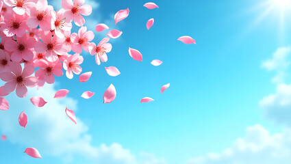Fototapeta premium Pink Cherry Blossoms Falling Blue Sky Background flowers