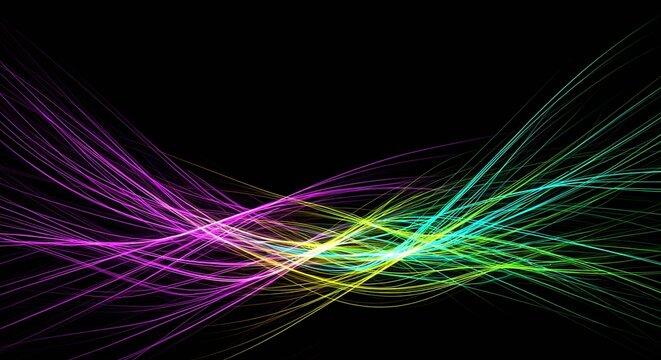 Abstract colorful neon lines purple pink cyan yellow flowing on black background. Digital energy waves motion dynamic streams. Technology futuristic art concept banner horizontal