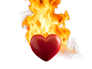 A glossy red heart enveloped in bright orange flames against a stark black background creating contrast