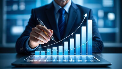 Businessman presenting financial growth chart on digital tablet