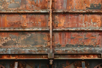 Photo of Side view of rust metal wall of railway wagon side part. Background texture for backdrops or mapping