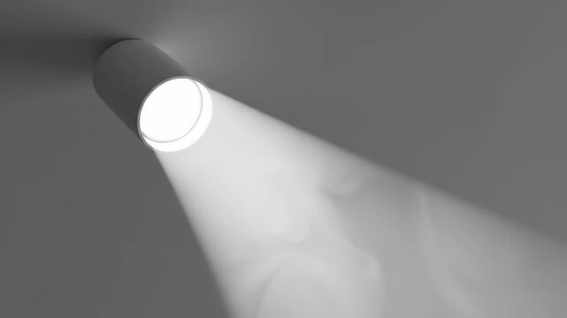 Minimalist ceiling spotlight with animated pulsing beam, drifting mist, ethereal lighting, photorealistic