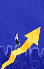 Woman climbing yellow arrow symbolizing success and career growt