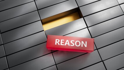 Reason symbol. Concept word Reason on metal blocks.Business and Reason concept. Copy space.close up of metal blocks,Business Concept.3D rendering on red background.