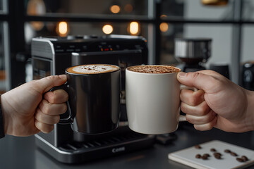 Hands present coffee cups near machine. Cozy, drink, sharing, coffee break, cafe, marketing, commercial use.
