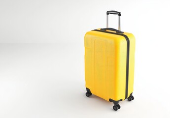 3D render of a yellow suitcase with wheels, isolated on a white background. The design is modern, with a minimalist 2059 style, created using Octane rendering and studio lighting.