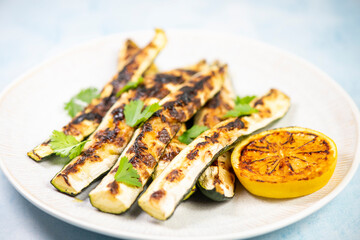 Grilled vegetables appetizer top view on round plate