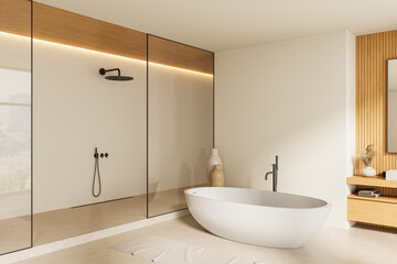 Modern minimalist bathroom with freestanding tub, walk-in shower and wooden accents under soft lighting on beige background. 3D Rendering