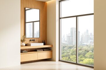Modern bathroom interior with wood accents and large window overlooking city skyline and green park, minimalist style, natural daylight ambiance. 3D Rendering
