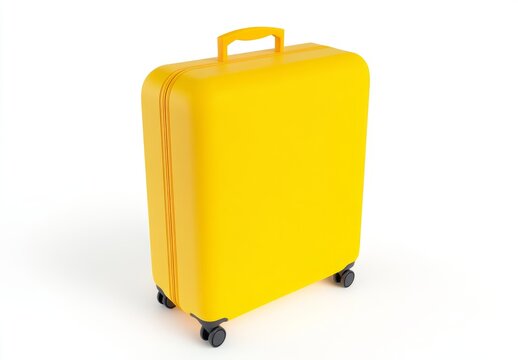 3D render of a yellow suitcase with wheels, isolated on a white background. The design is modern, with a minimalist 2059 style, created using Octane rendering and studio lighting.