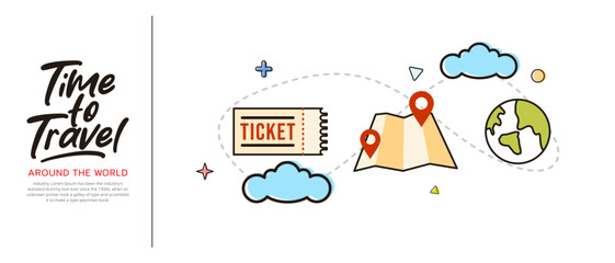 Travel concept vector icon illustration in flat style design. globe icon travel ticket and map with vacation background