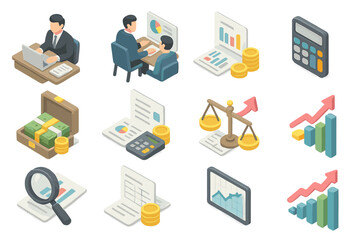 Isometric business and finance icons set with charts and calculators