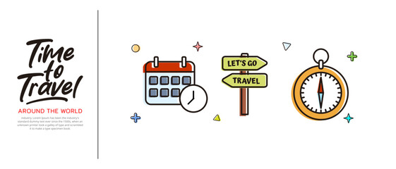 Travel concept vector icon illustration in flat style design. Calendar compass and road sign icon with vacation background