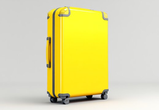 3D render of a yellow suitcase with wheels, isolated on a white background. The design is modern, with a minimalist 2059 style, created using Octane rendering and studio lighting.