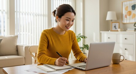 Smiling Asian Woman Working from Home with Laptop and Notebook (1)