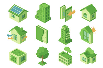 Eco-friendly architecture icons featuring green building and sustainable energy
