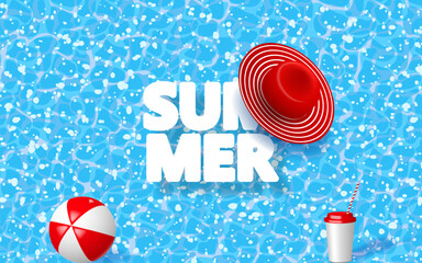 Swimming pool, beach ball, cardboard cup, summer hat and text SUMMER